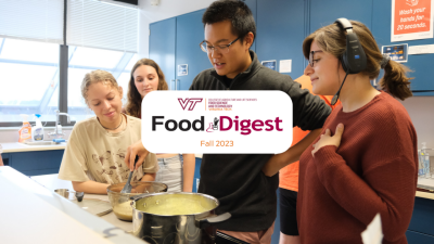 Cover of Fall 2023 Edition of Food Digest showing the newsletter title and a photo of students cooking in a class while an instructor looks on