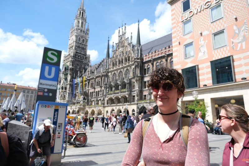 Exchange student Risa Dickermann surveys the Marienplatz main square in the heart of Munich while on a class tour of the city
