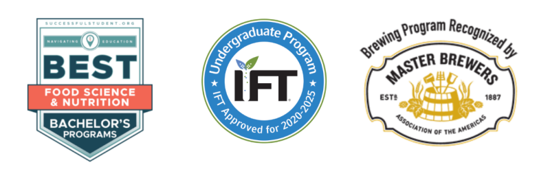 Three logos for: Best Food Science & Nutrition Bachelor's Programs, IFT Undergraduate Progam Approved for 2020-2025, Brewing Program Recognized by Master Brewers