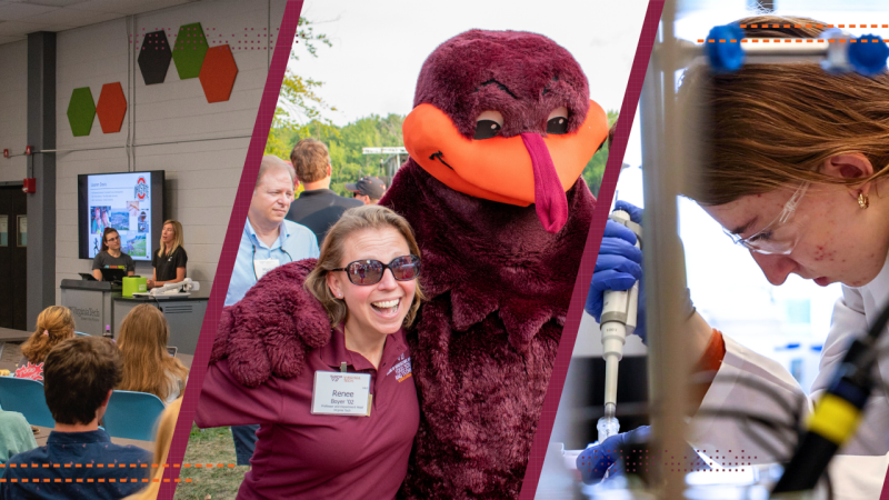The header graphic for the Engage with FST page featuring images of alumni with Hokie Bird, Hershey reps speaking to the Food Science Club, and a student working in the lab. 