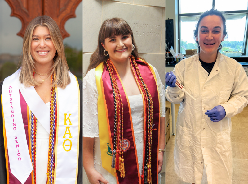 Photos of McKenna Helder (Outstanding Senior), Sara Beth Davidson (Outstanding Transfer Student), and Claire Murphy (Outstanding Doctoral Student)